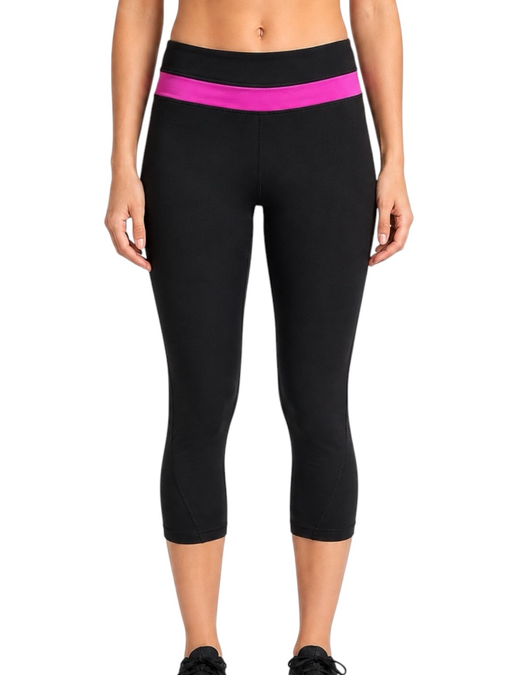 Black Pink Capri Workout Leggings Size Large Back Zip Pocket